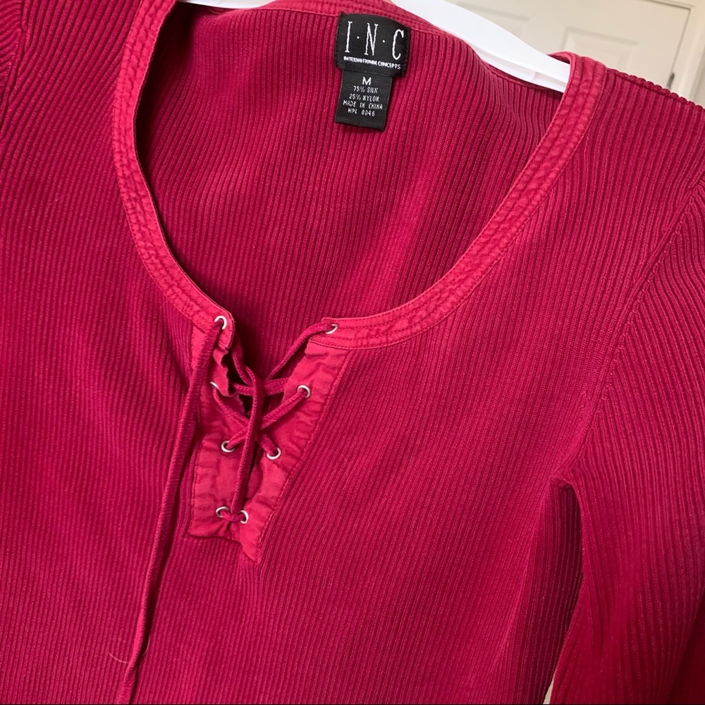 INC form fitting lace neckline burgundy sweater